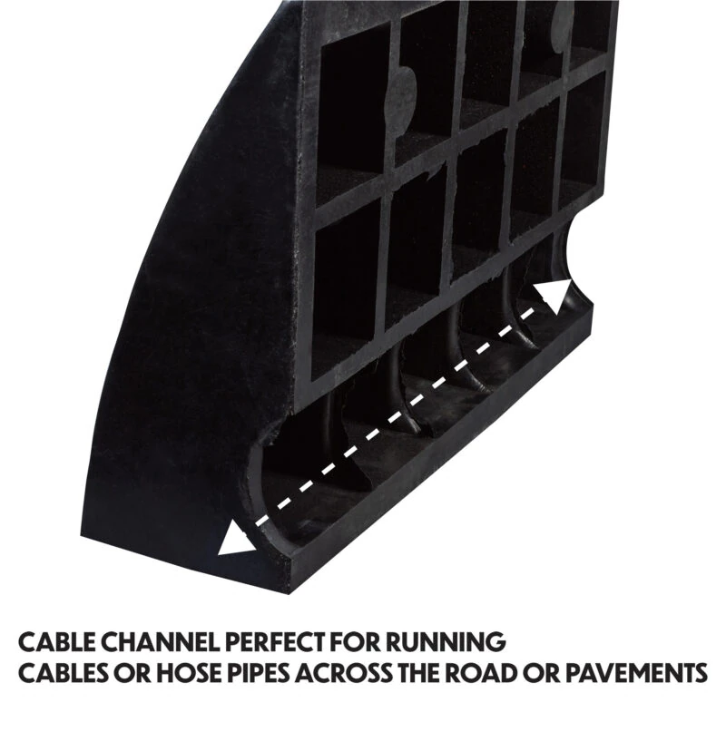 Close-up of a rubber kerb ramp showing cable channel.