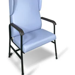 Light blue high back armchair with black frame and armrests.
