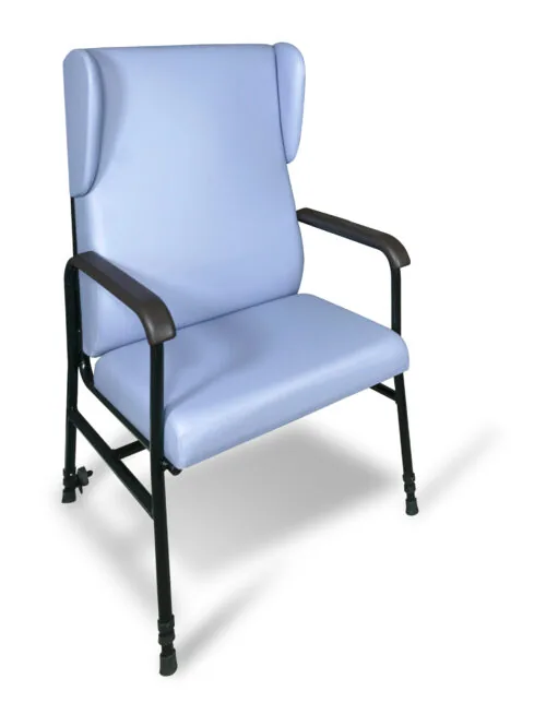 Light blue high back armchair with black frame and armrests.