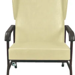 Front view of a high back armchair with beige upholstery and castors.