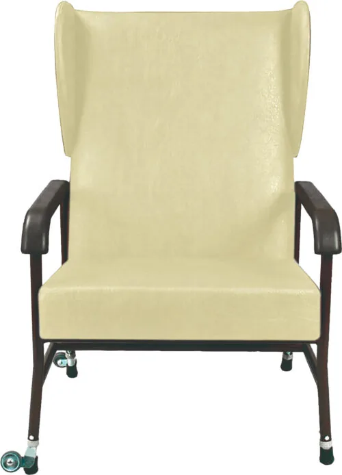 Front view of a high back armchair with beige upholstery and castors.