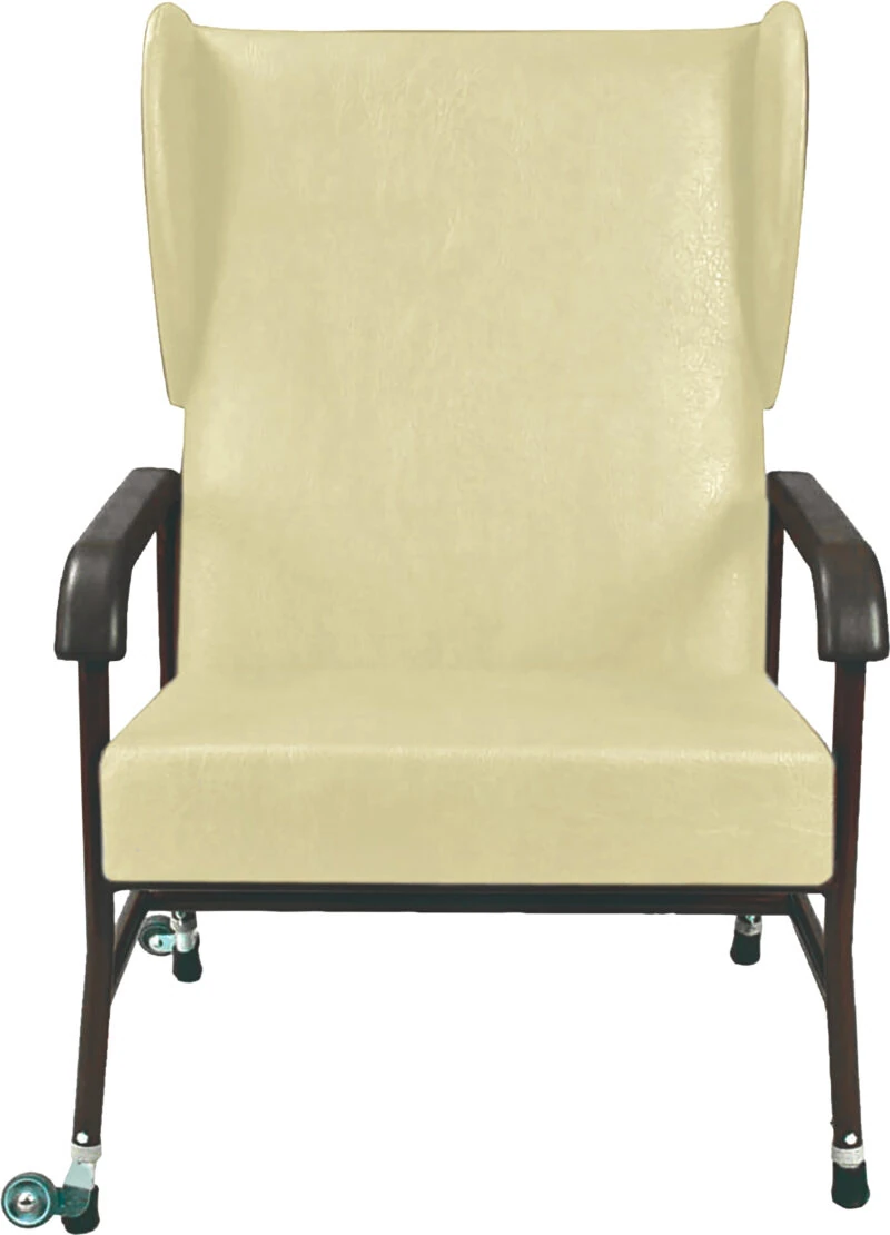 Front view of a high back armchair with beige upholstery and castors.