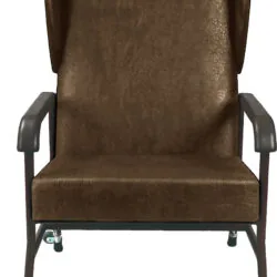 Brown high back armchair with armrests and castor wheels.