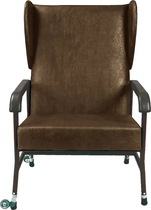 Brown high back armchair with armrests and castor wheels.