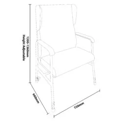 Line drawing of a high back armchair with dimensions labeled.
