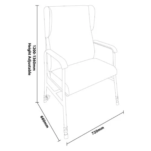 Line drawing of a high back armchair with dimensions labeled.