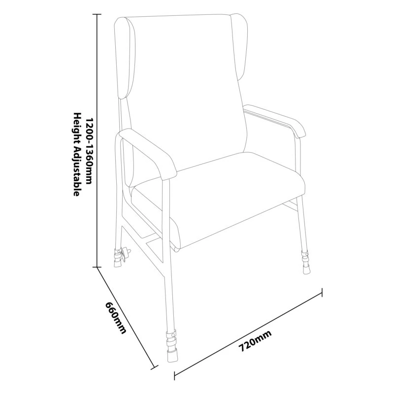 Line drawing of a high back armchair with dimensions labeled.