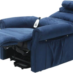 Blue recliner armchair fully extended with remote on armrest.
