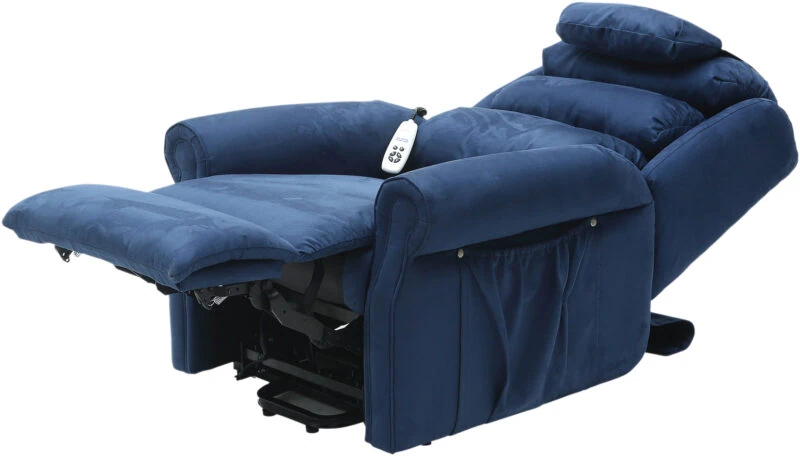 Blue recliner armchair fully extended with remote on armrest.