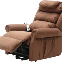 Brown recliner armchair with footrest extended and remote control.