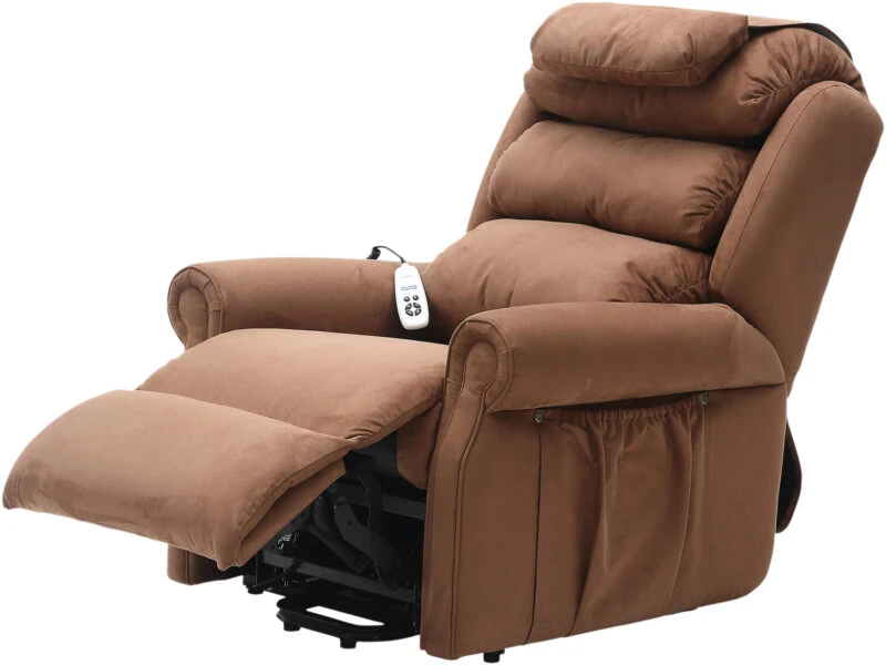 Brown recliner armchair with footrest extended and remote control.