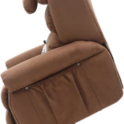 Brown dual motor recliner armchair in raised position.