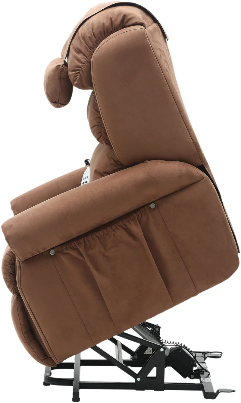 Brown dual motor recliner armchair in raised position.