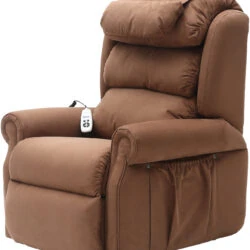 Brown dual motor recliner armchair with remote control.