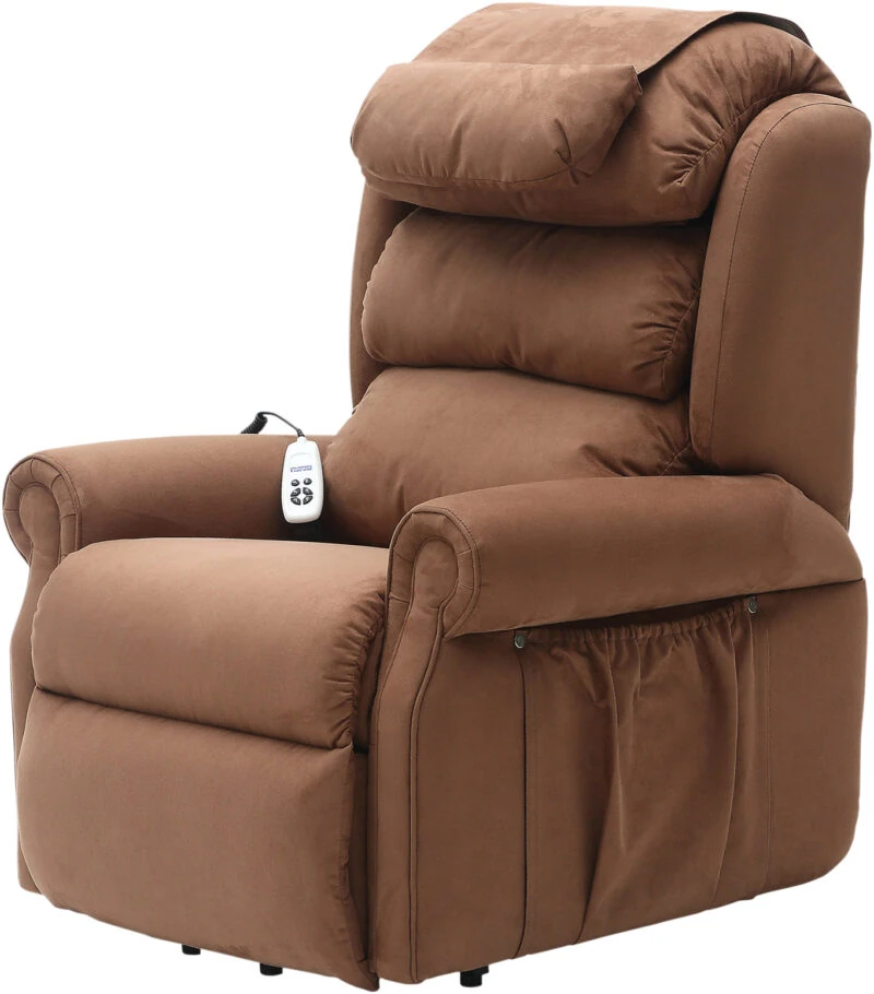 Brown dual motor recliner armchair with remote control.