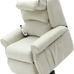 Cream dual motor recliner armchair with remote control on armrest.