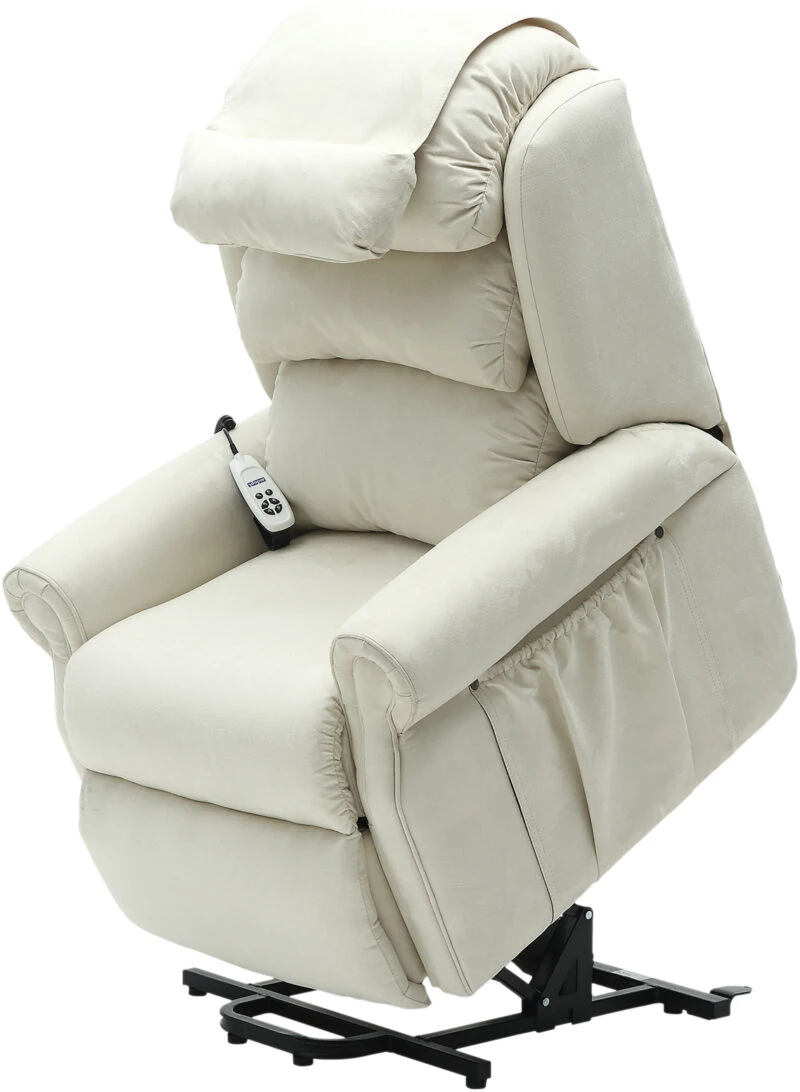 Cream dual motor recliner armchair with remote control on armrest.