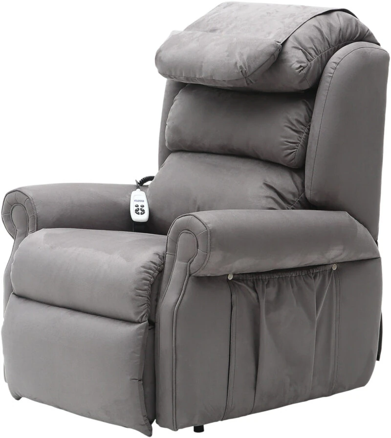 Grey recliner armchair with remote control on the armrest.