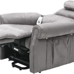 Grey dual motor reclining armchair in extended position with remote control.