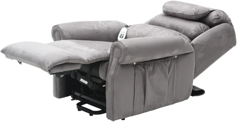Grey dual motor reclining armchair in extended position with remote control.