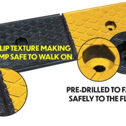 Rubber threshold ramp with non-slip texture and pre-drilled holes.