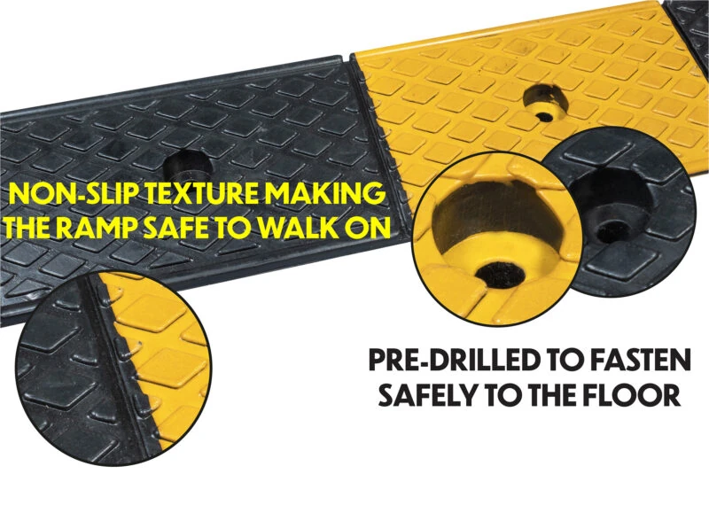 Rubber threshold ramp with non-slip texture and pre-drilled holes.