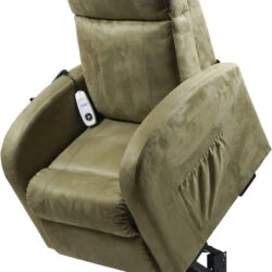 Sage colored electric recliner chair in raised position with remote control.