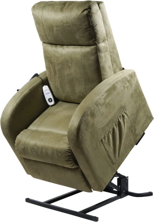 Sage colored electric recliner chair in raised position with remote control.