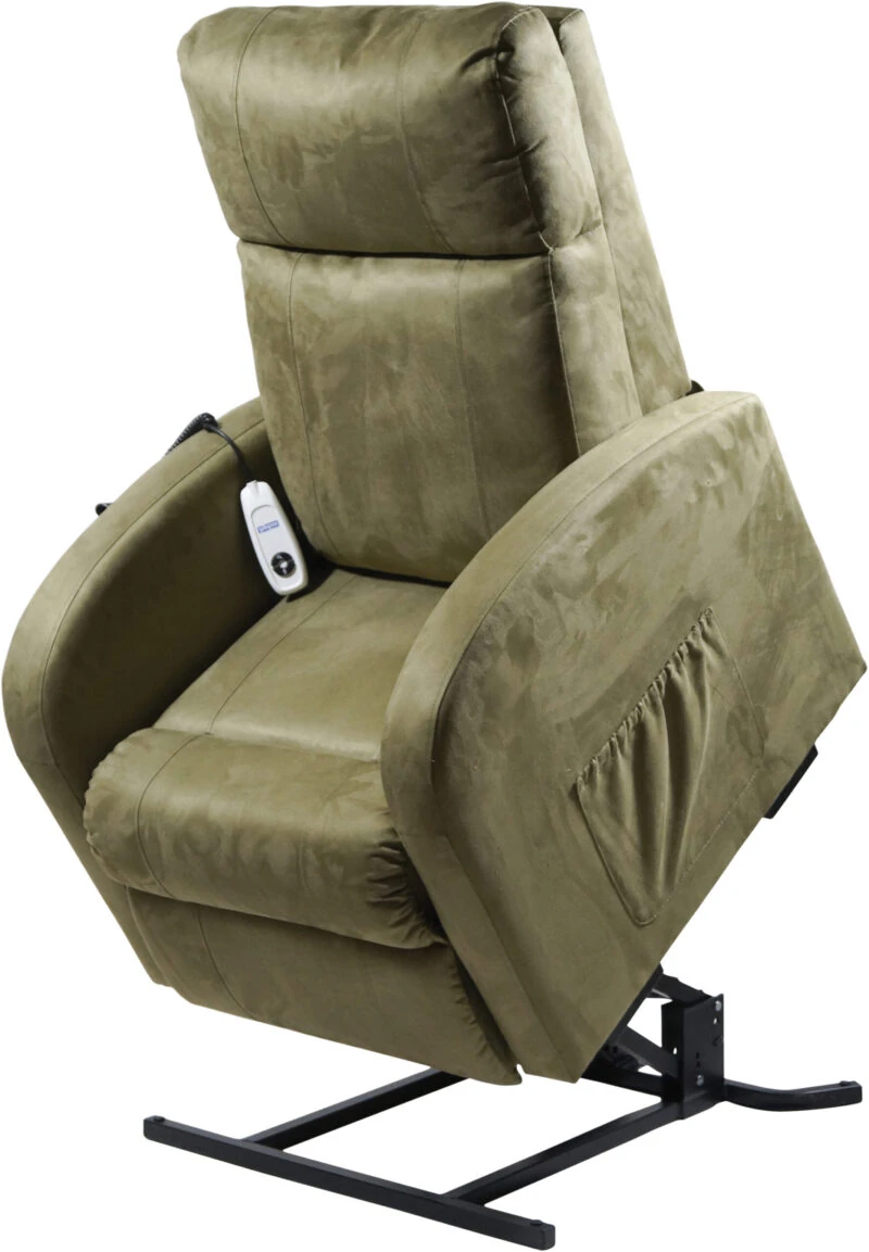 Sage colored electric recliner chair in raised position with remote control.