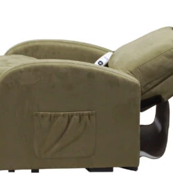 Side view of a sage-colored recliner chair in a reclined position.