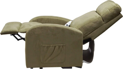 Side view of a sage-colored recliner chair in a reclined position.