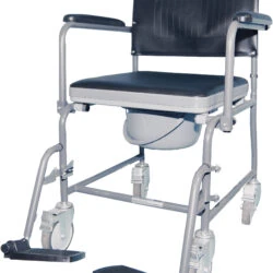 Mobile wheeled commode with swing away footrests and drop down armrests.