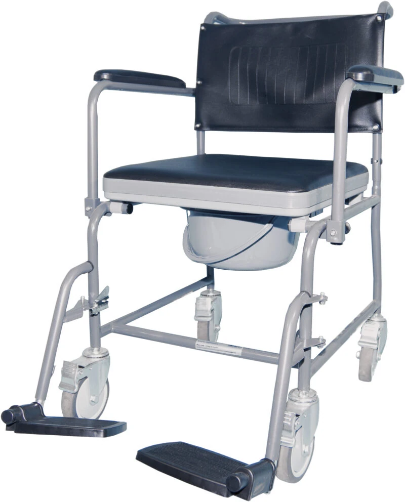 Mobile wheeled commode with swing away footrests and drop down armrests.