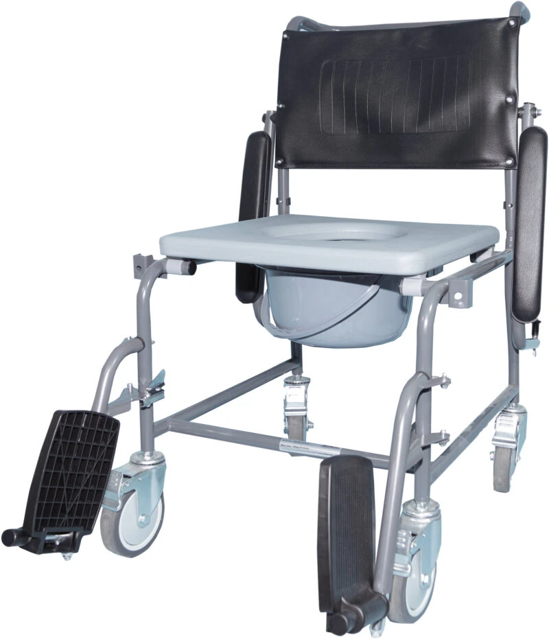 Mobile wheeled commode with swing away footrests and drop down armrests.