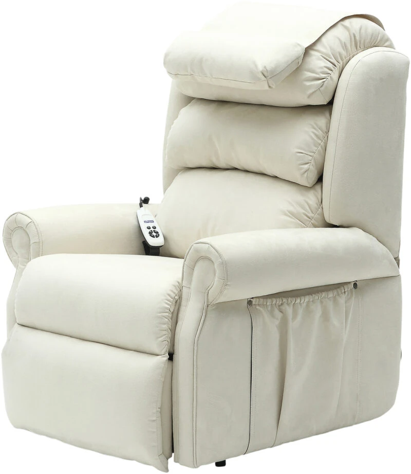 Cream rise and recline dual motor armchair with remote control.