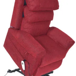 Red riser recliner armchair with detachable armrest and remote control.