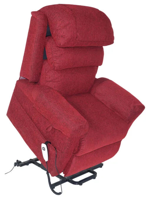 Red riser recliner armchair with detachable armrest and remote control.