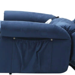 Blue armchair fully reclined with visible remote control.