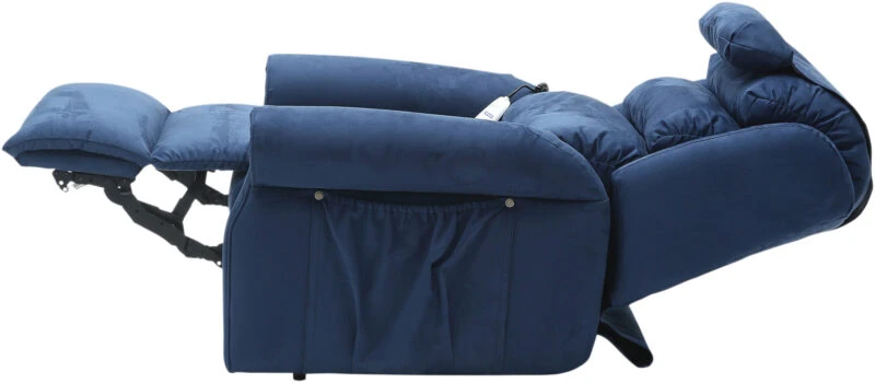 Blue armchair fully reclined with visible remote control.