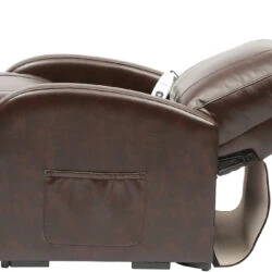 Side view of a reclined brown leather electric recliner chair.