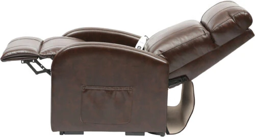 Side view of a reclined brown leather electric recliner chair.