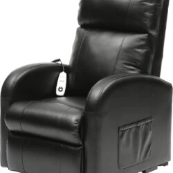 Black electric recliner chair with remote control on armrest.