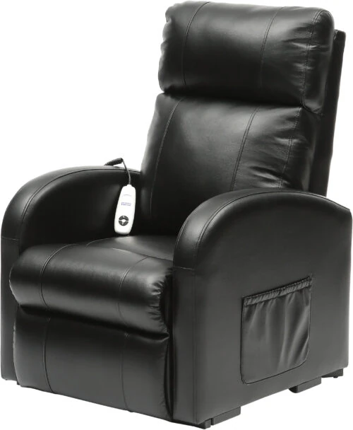Black electric recliner chair with remote control on armrest.