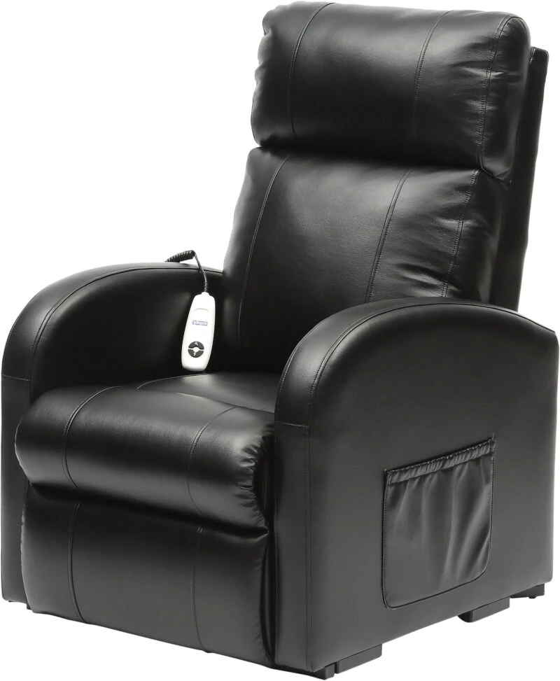 Black electric recliner chair with remote control on armrest.