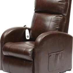 Brown recliner chair with remote control on the armrest.