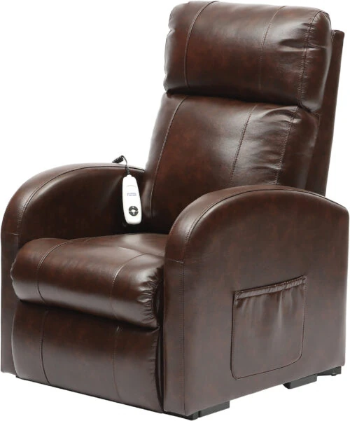 Brown recliner chair with remote control on the armrest.