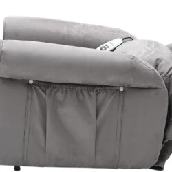 Grey armchair in full recline position, side view.