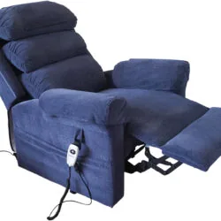 Blue riser recliner armchair in reclined position with remote control.