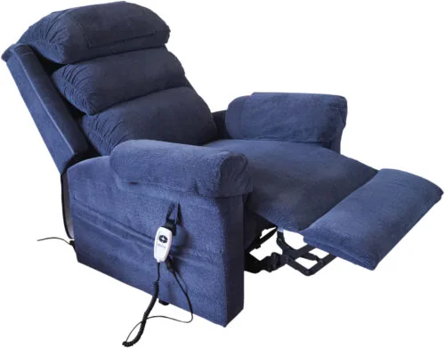 Blue riser recliner armchair in reclined position with remote control.