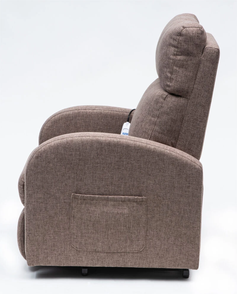 Side view of a mink-colored rise and recline chair with side pocket.